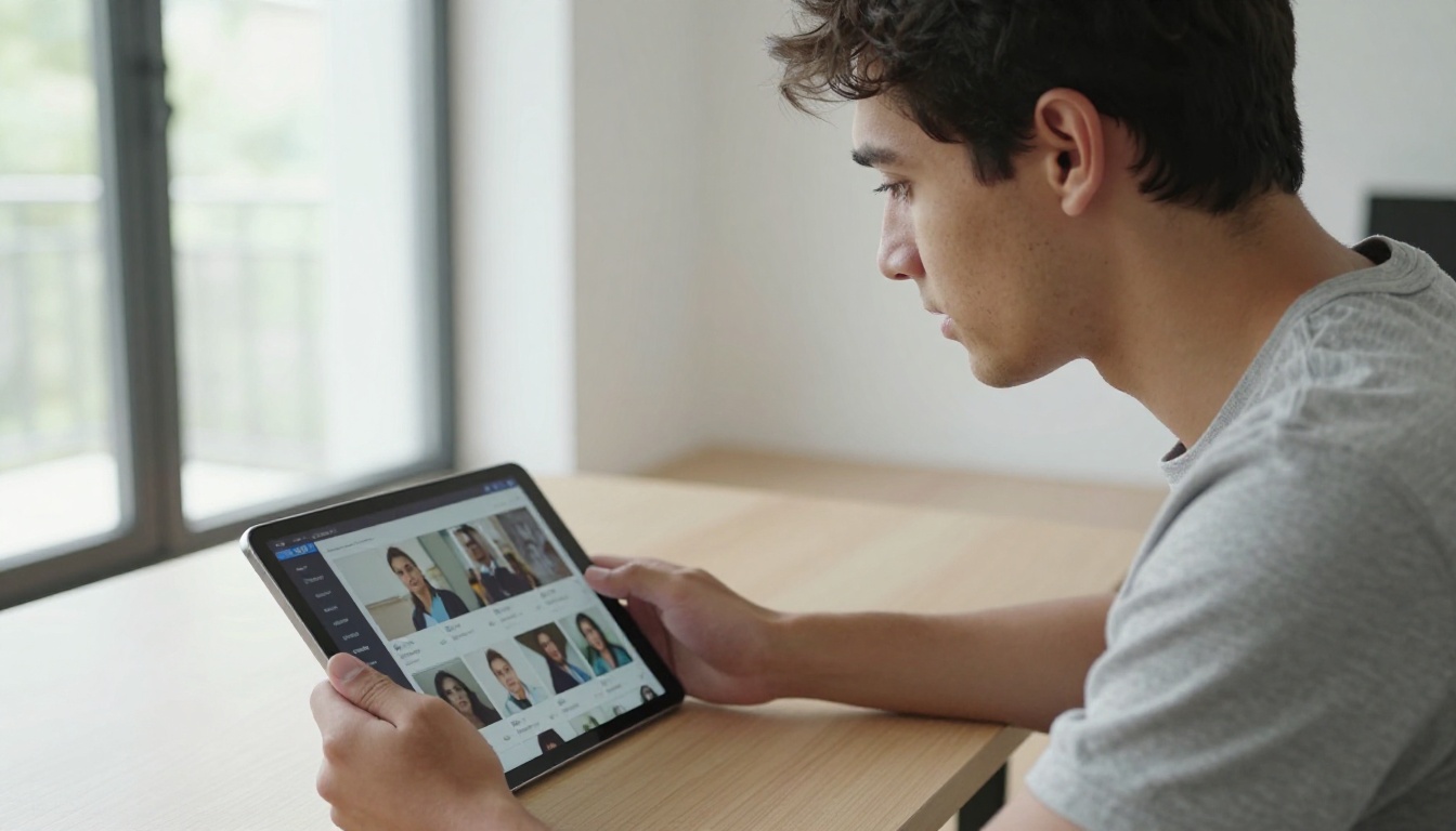 Person browsing AI video model interface on tablet in home office