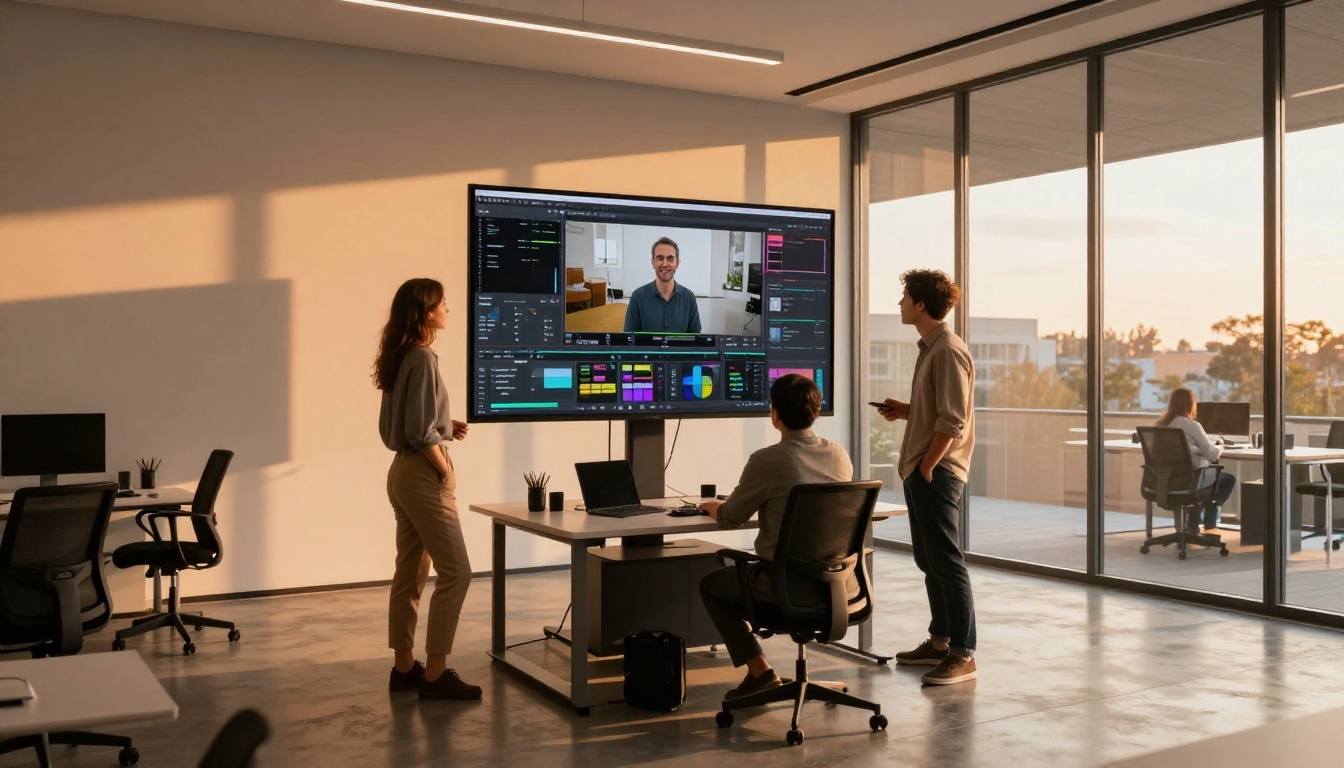 Creative team collaborating around a video production monitor in modern office