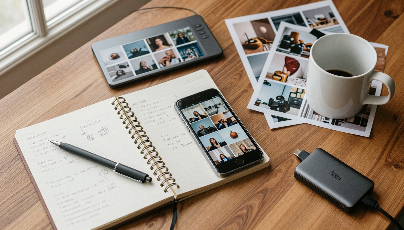Creative production flat lay with notebook, keyboard, coffee and smartphone video grid