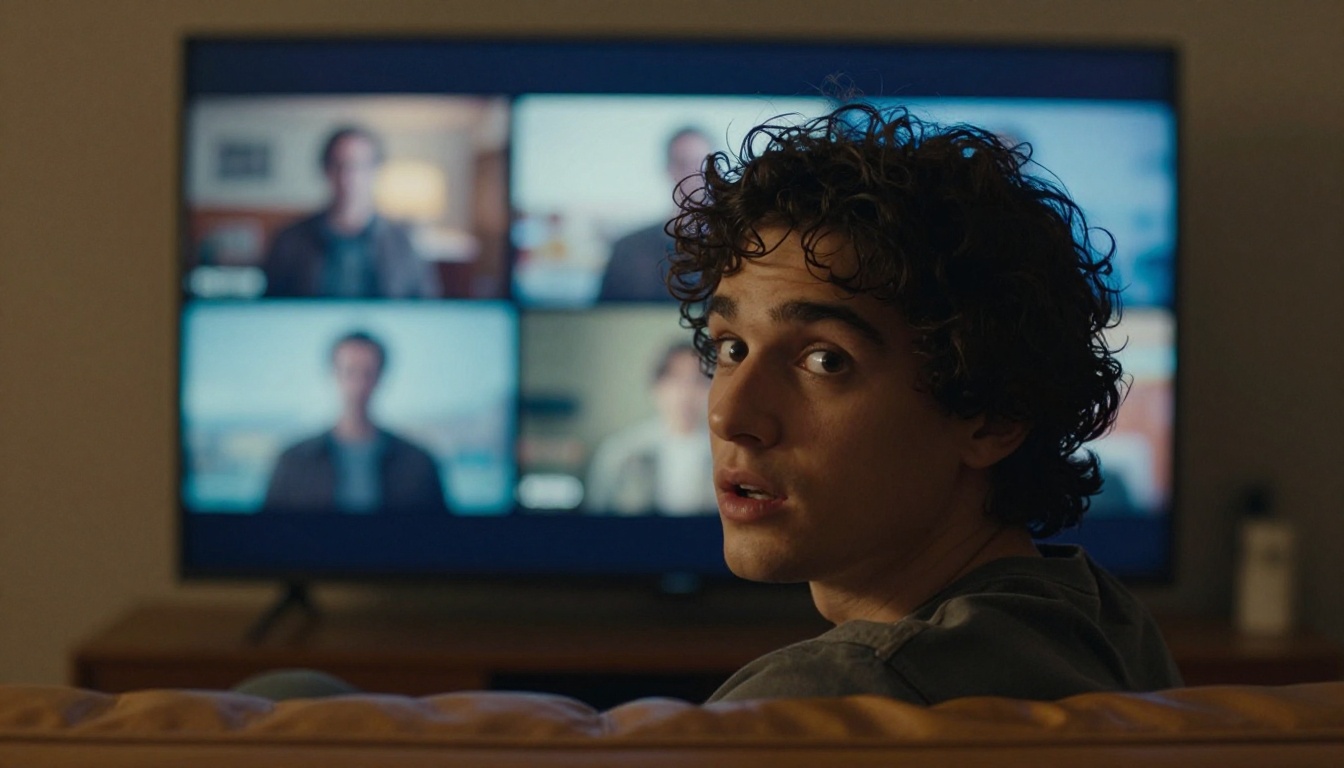 A young man captivated watching cinematic multi-scene AI video output on his living room screen, face lit by warm screen glow A young man captivated watching cinematic multi-scene AI video output on his living room screen, face lit by warm screen glow