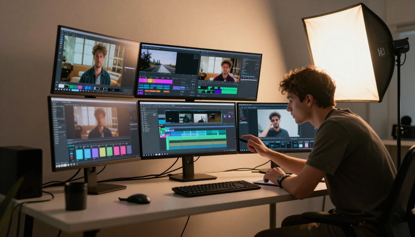 Creative professional studying AI video results on studio monitors Creative professional studying AI video results on studio monitors