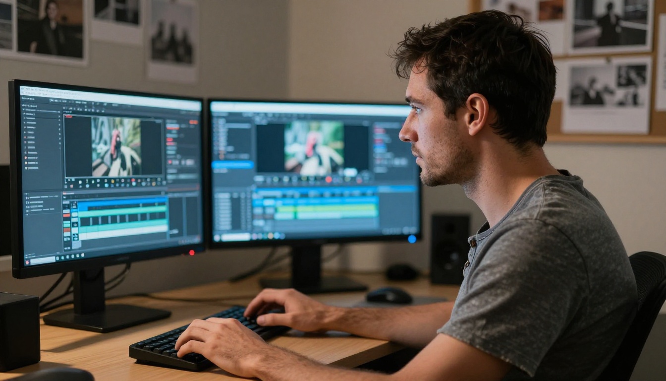 Professional filmmaker at an editing workstation with two monitors showing video timelines and AI interfaces