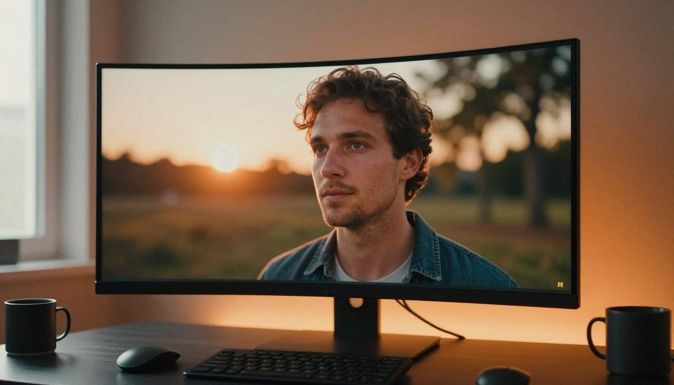 A content creator at a sleek modern home studio reviewing cinematic AI-generated video footage on a large curved 4K monitor A content creator at a sleek modern home studio reviewing cinematic AI-generated video footage on a large curved 4K monitor