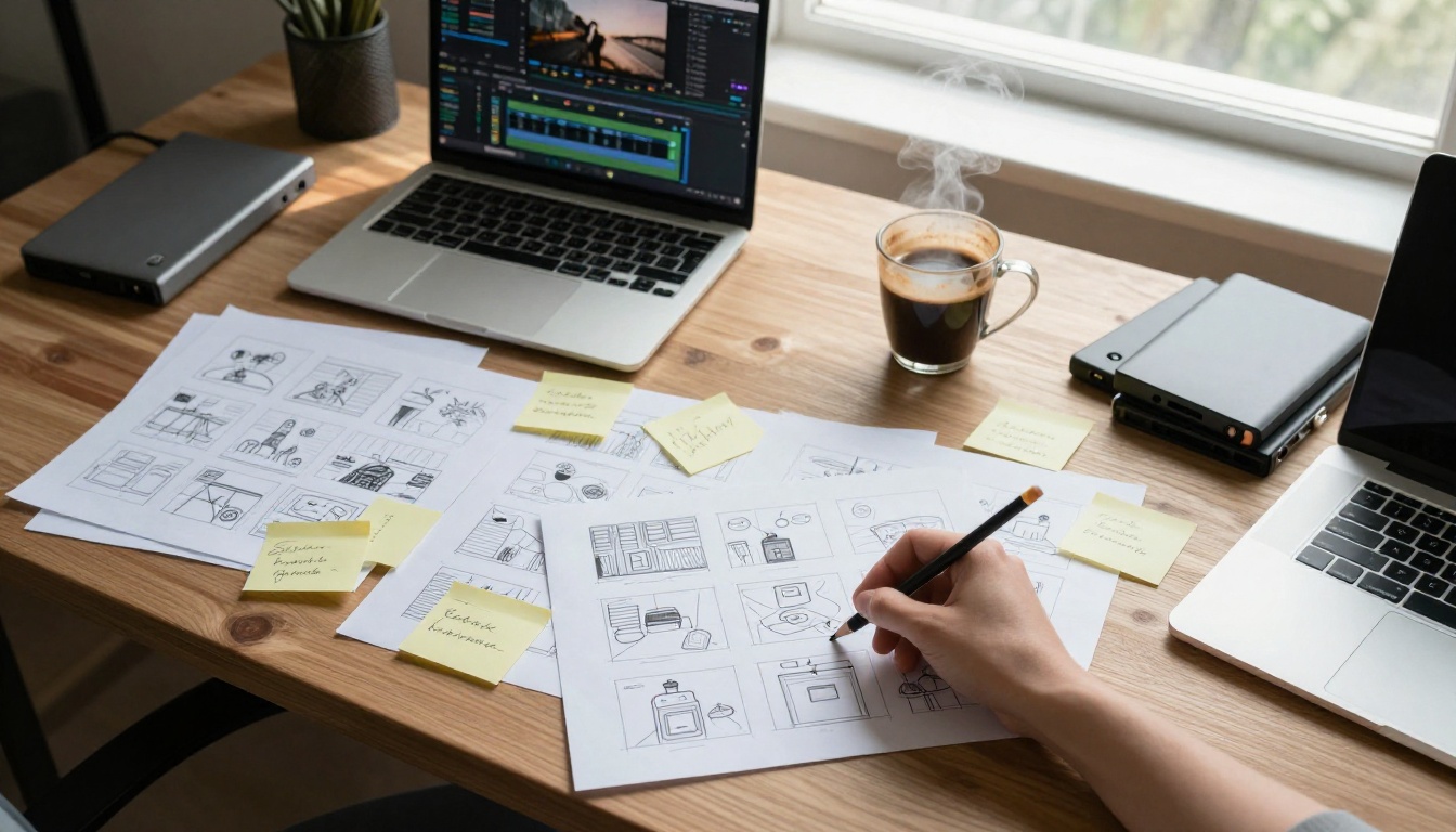 A creative professional storyboarding multi-scene AI video concepts at an organized desk workspace