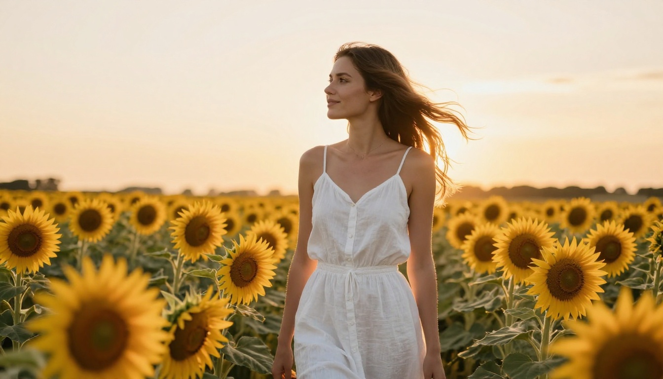Woman in sunflower field at golden hour representing AI-generated creative photography Woman in sunflower field at golden hour representing AI-generated creative photography