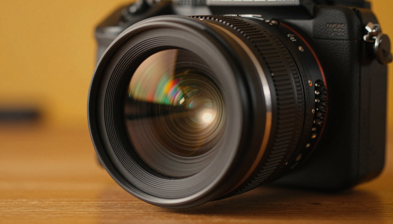 Extreme close-up macro shot of a professional cinema camera lens with rainbow iridescent glass coatings and bokeh film set background