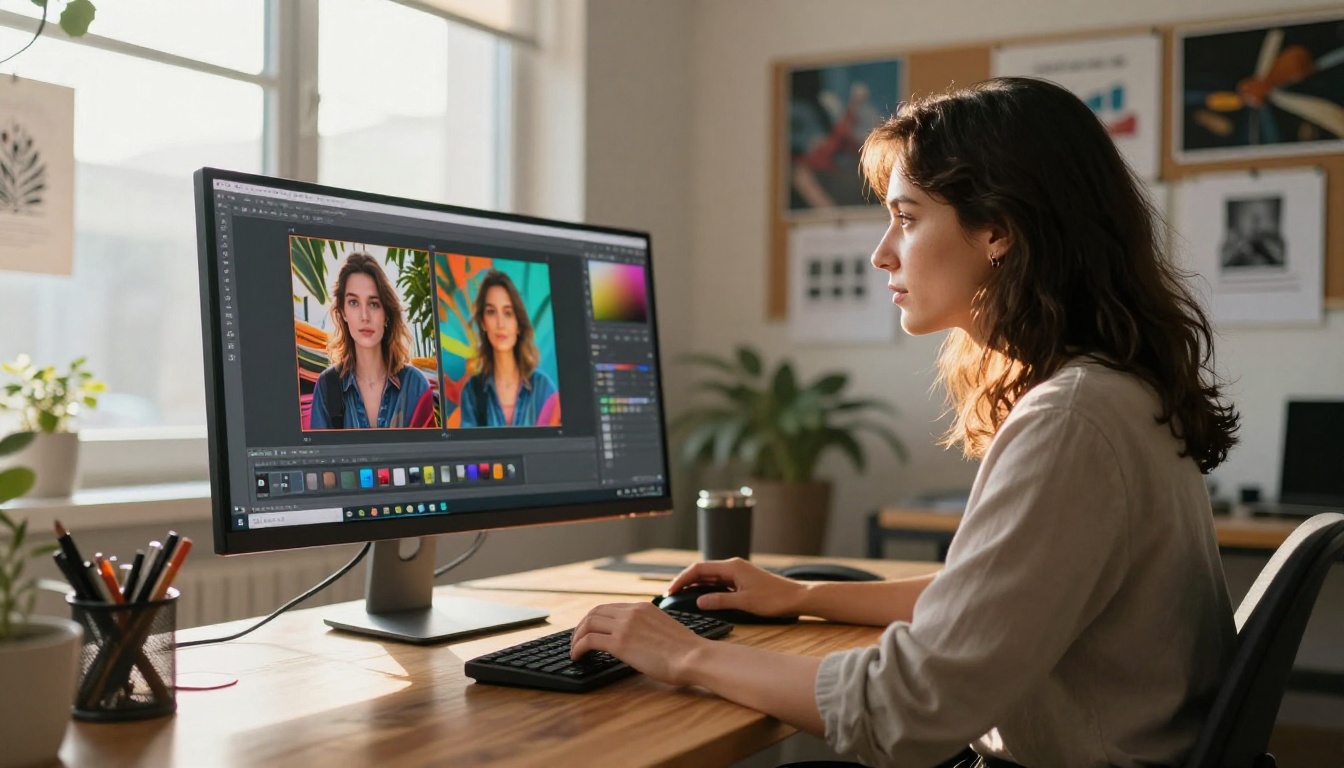 Designer working at studio desk with split-screen AI comparison