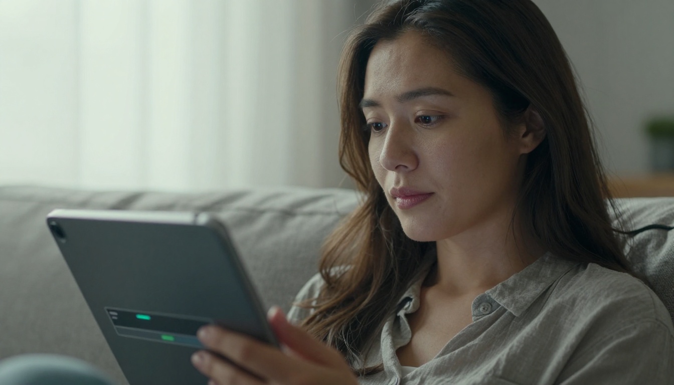 Woman using tablet to watch AI video generation progress Woman using tablet to watch AI video generation progress