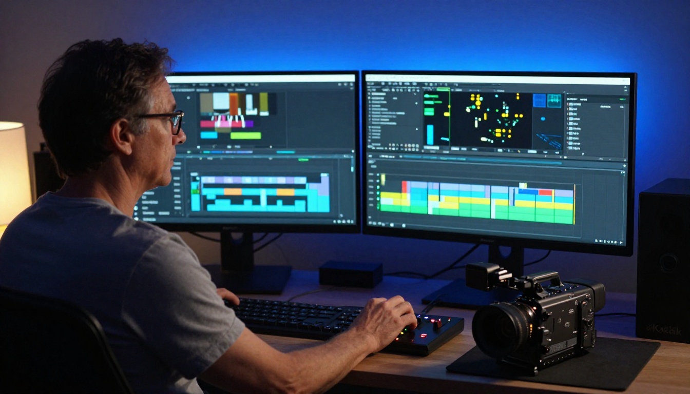 A professional video editor with glasses reviewing multi-track AI video footage on dual monitors in a dimly lit suite