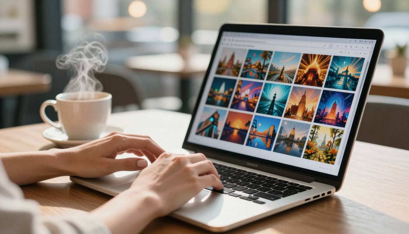 AI photo editing workflow with hands on laptop and multiple generated images on screen AI photo editing workflow with hands on laptop and multiple generated images on screen