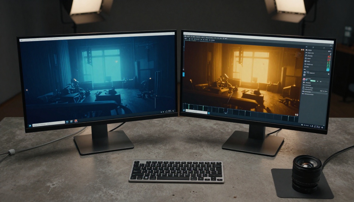 Split-screen dual monitor setup in a darkened professional studio showing two different AI video outputs side by side Split-screen dual monitor setup in a darkened professional studio showing two different AI video outputs side by side