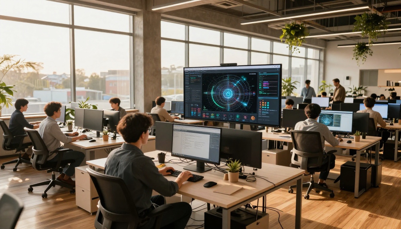 Open-plan tech office with AI generation dashboard visible on screen Open-plan tech office with AI generation dashboard visible on screen