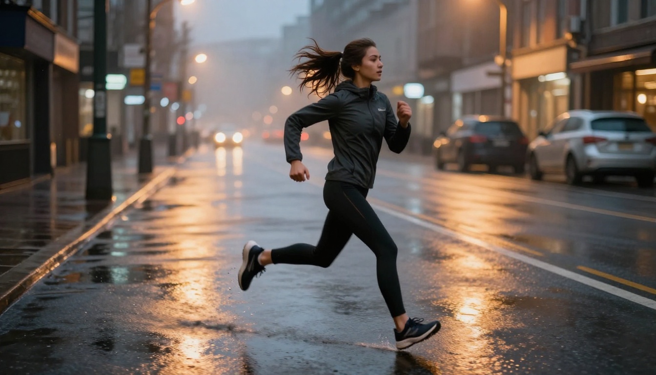 Young woman in athletic wear running through a wet city street at dawn, motion blur on limbs, sharp face, neon reflections in puddles