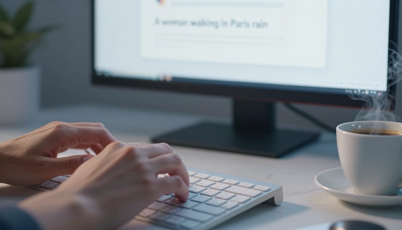 Hands typing a prompt into an AI image generator interface on a bright white keyboard, warm morning light, photorealistic close-up