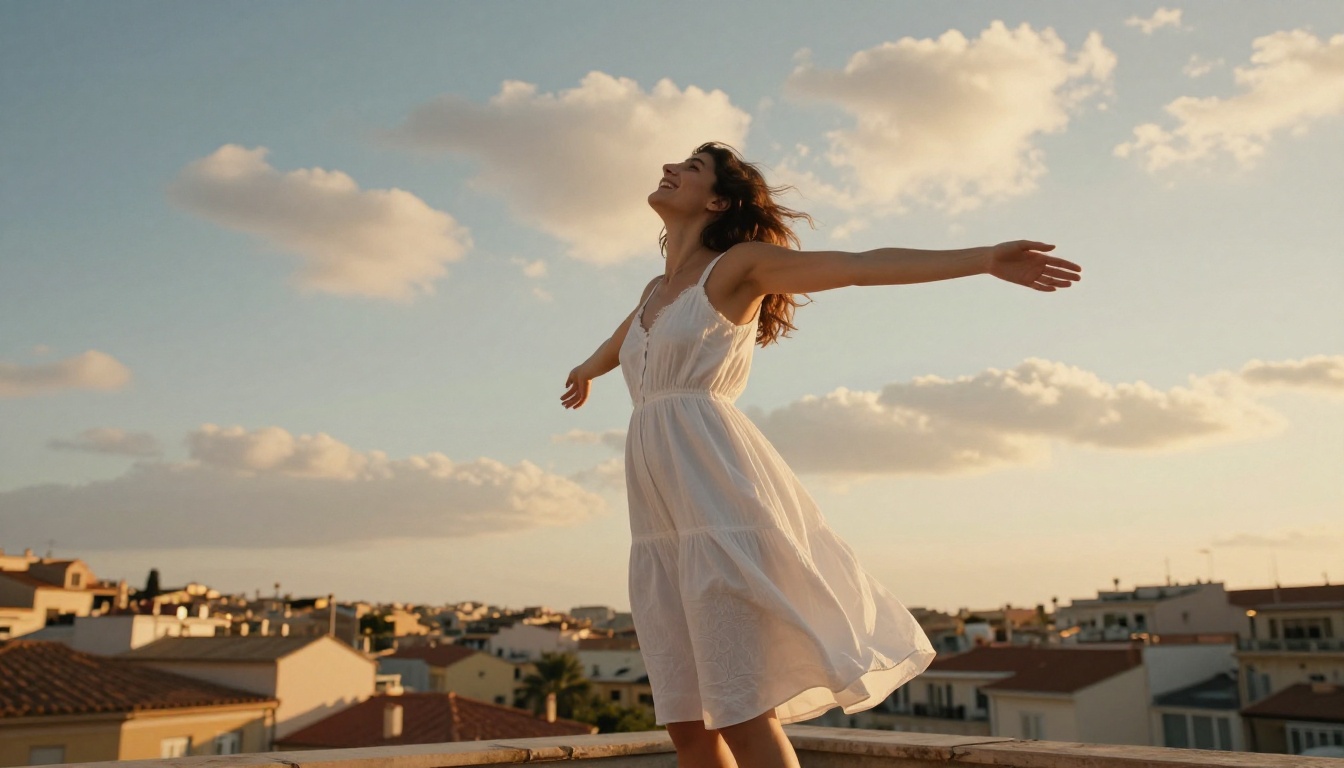 A woman in a white summer dress standing on a sunlit Mediterranean rooftop at golden hour, arms outstretched