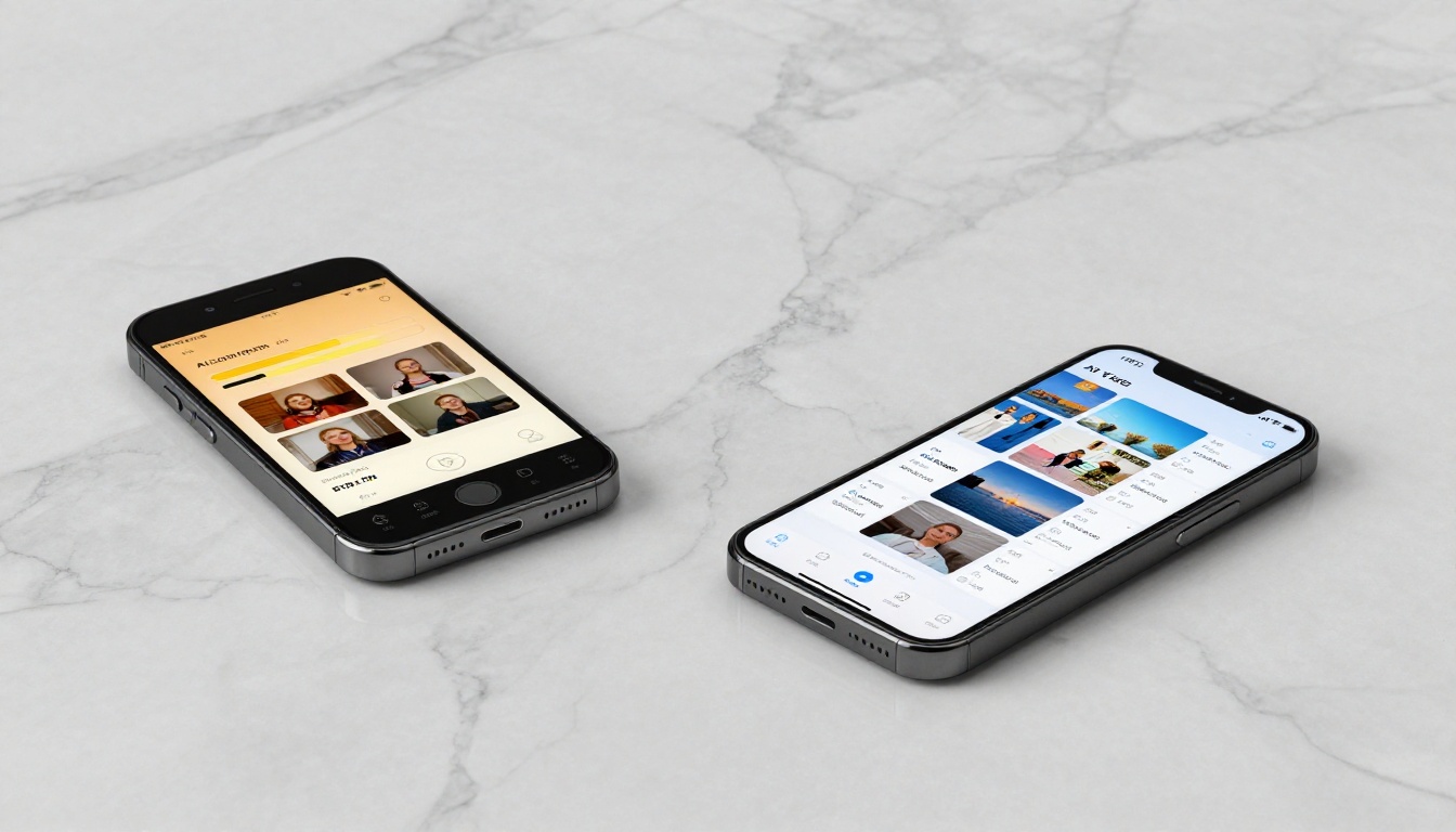 Two modern smartphones on white marble surface showing AI video generation interfaces with progress bars and video thumbnails