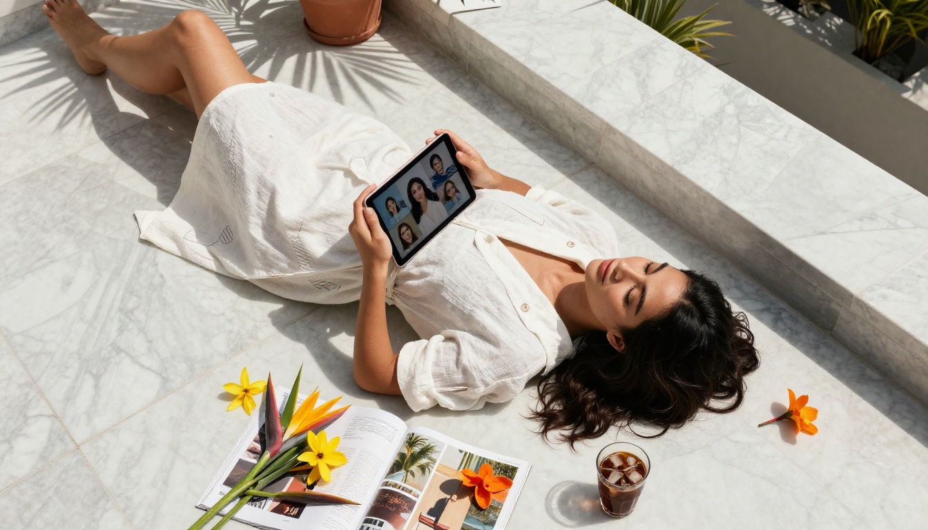 Aerial view of woman on rooftop terrace with tablet displaying AI-generated portraits Aerial view of woman on rooftop terrace with tablet displaying AI-generated portraits