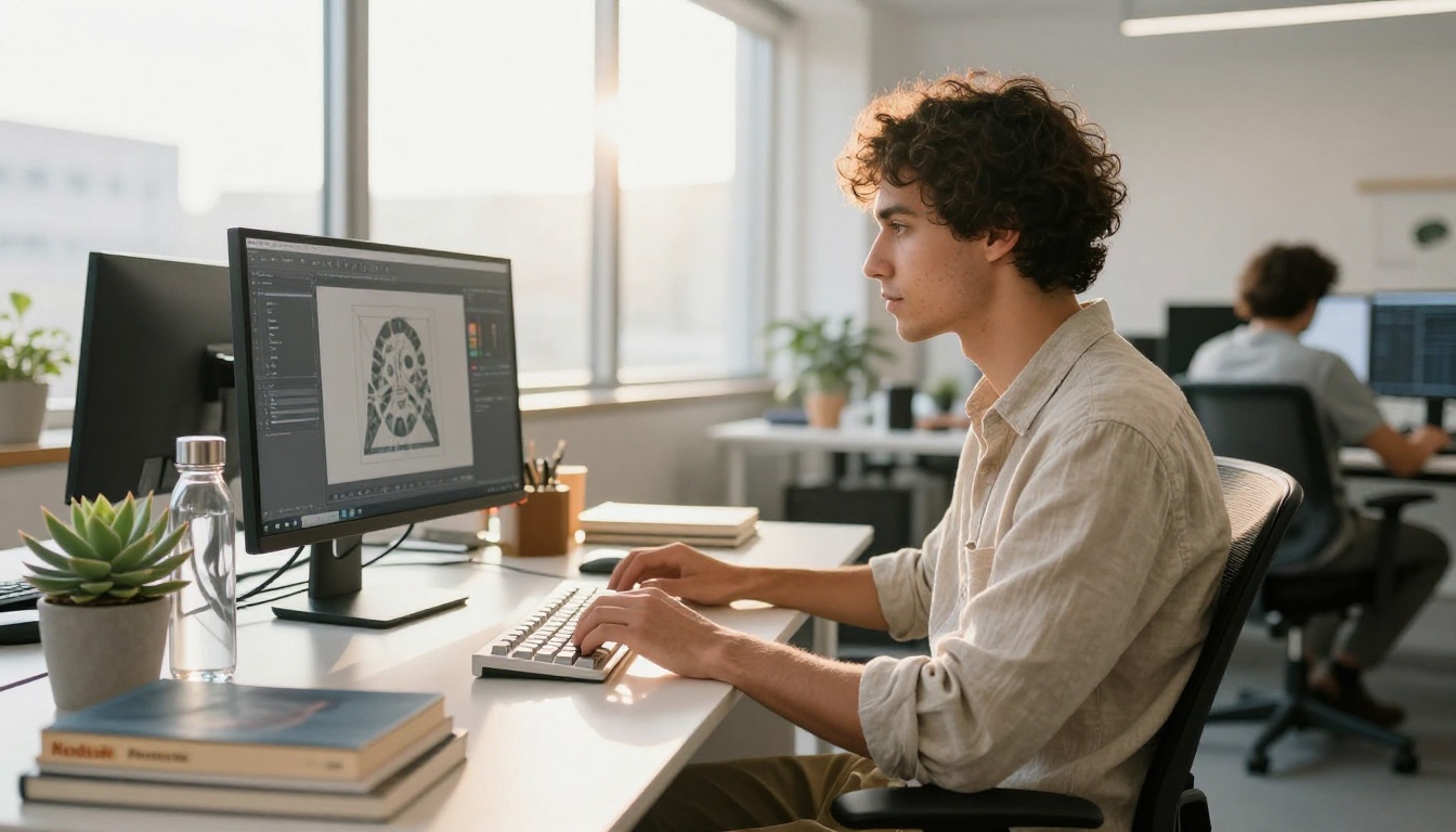 Young creative professional typing at standing desk with monitor