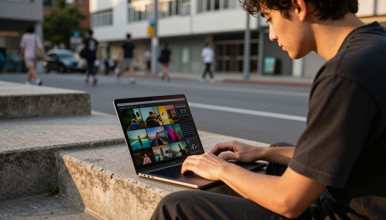 Young filmmaker outdoors in an urban environment sitting on concrete steps with a modern laptop Young filmmaker outdoors in an urban environment sitting on concrete steps with a modern laptop