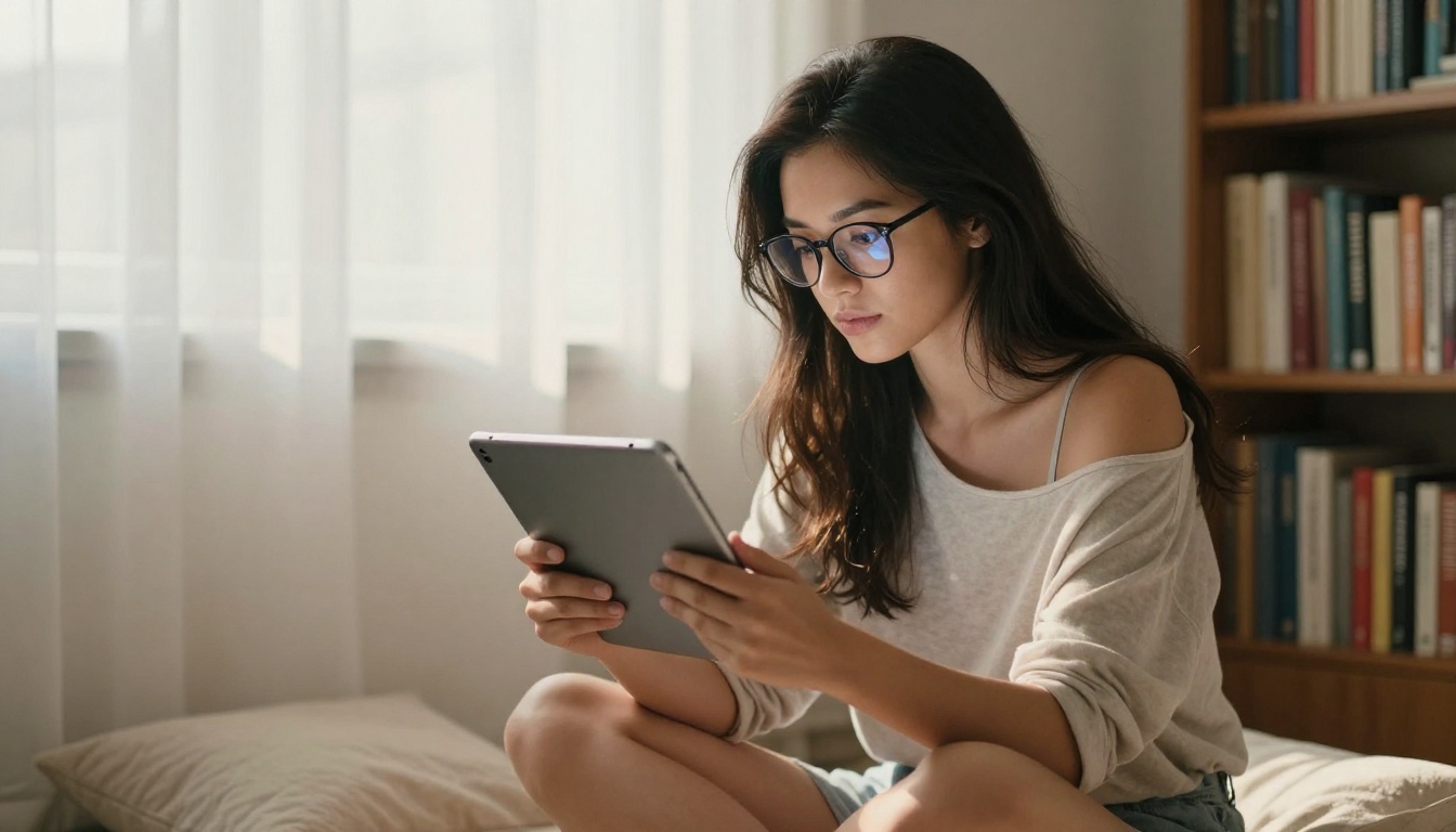 Woman using tablet in cozy home setting representing accessible free AI image creation Woman using tablet in cozy home setting representing accessible free AI image creation