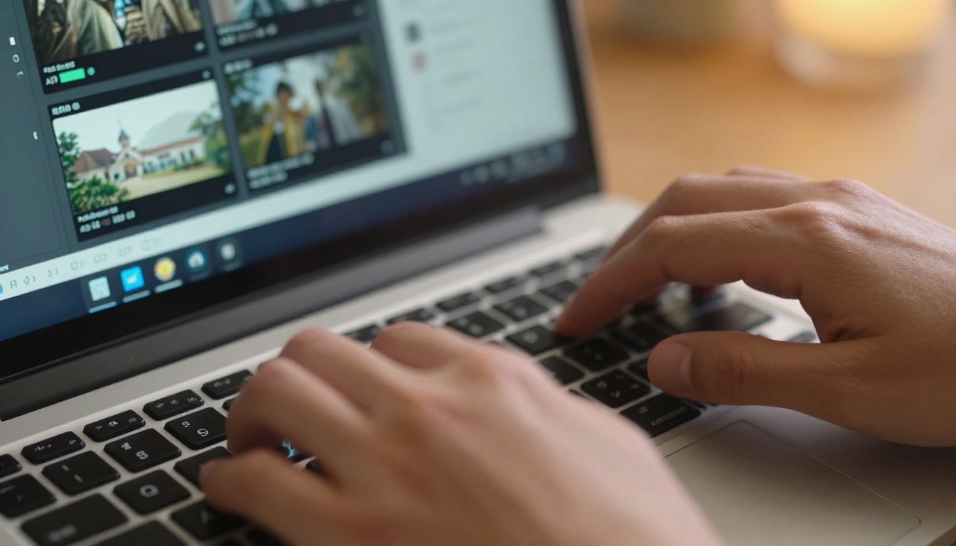Hands typing on a laptop keyboard with an AI video generation interface visible on screen in soft warm light