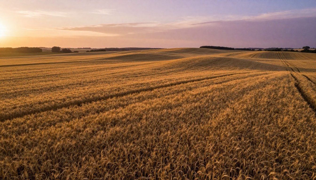 Sweeping aerial photograph of rolling golden wheat fields at magic hour, long amber light across the field, rose-gold cirrus clouds overhead