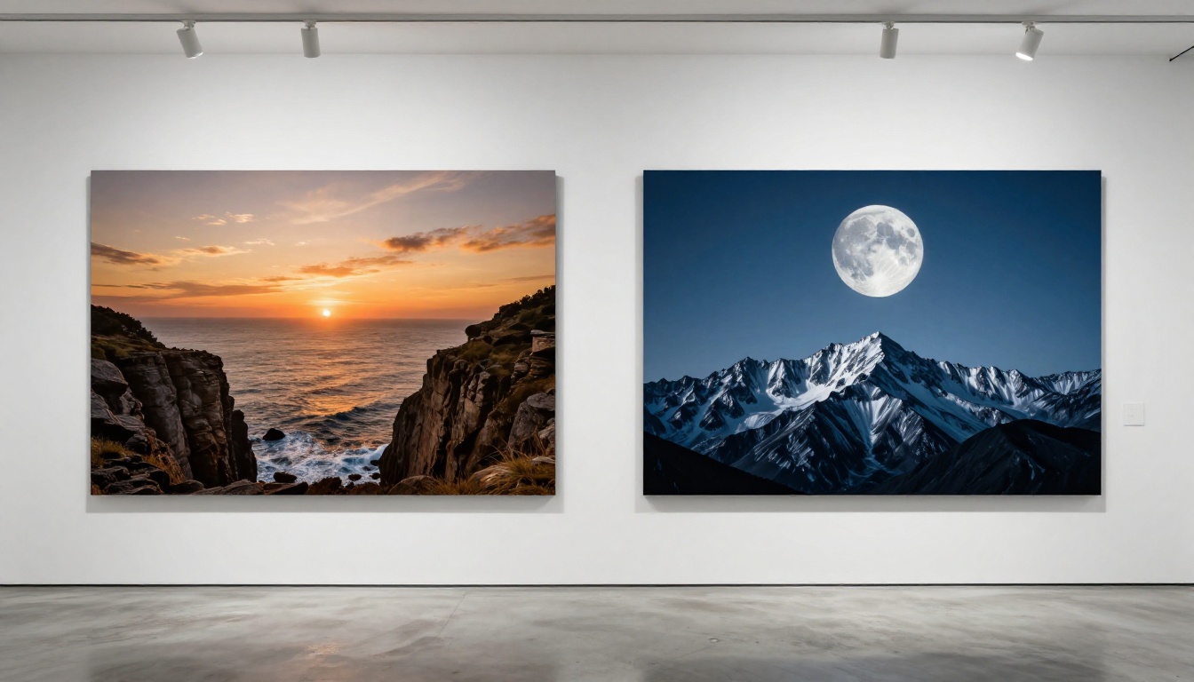 Two large prints on white gallery wall showing visual comparison
