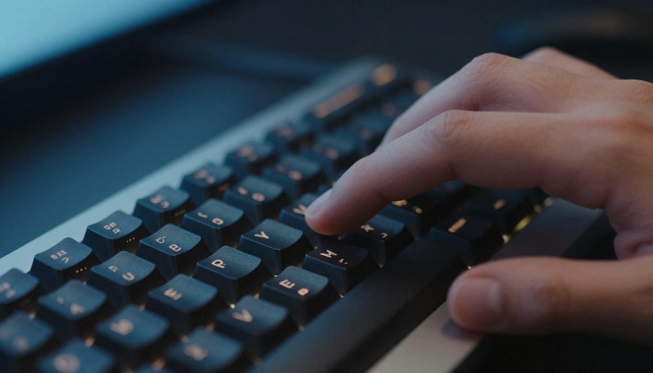 Close-up of hands with natural skin texture typing on a backlit mechanical keyboard Close-up of hands with natural skin texture typing on a backlit mechanical keyboard
