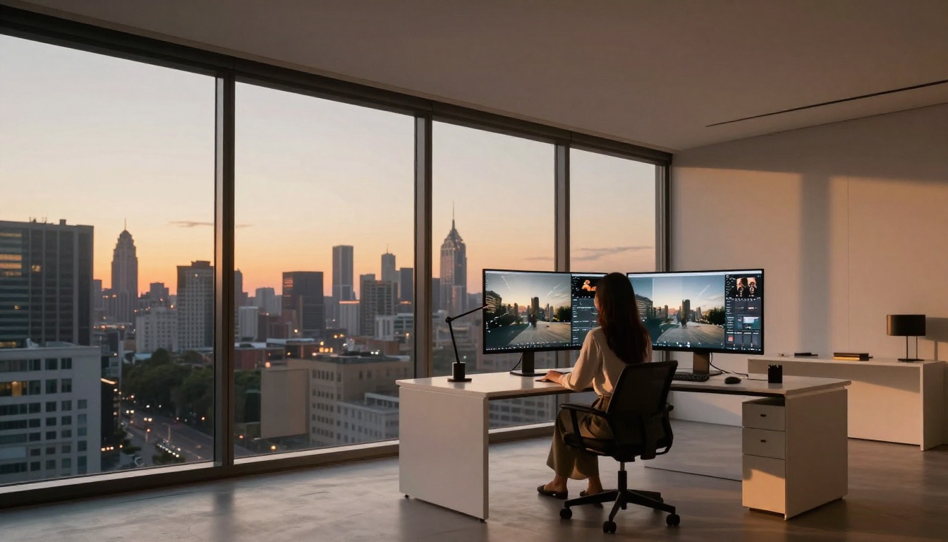 A young woman with long dark hair seated at a sleek desk facing a curved monitor showing video comparison panels at dusk