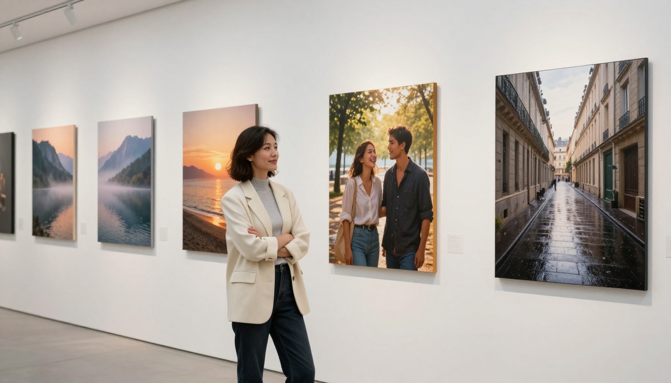 A confident creative woman standing in a modern gallery surrounded by large-format photorealistic AI-generated prints