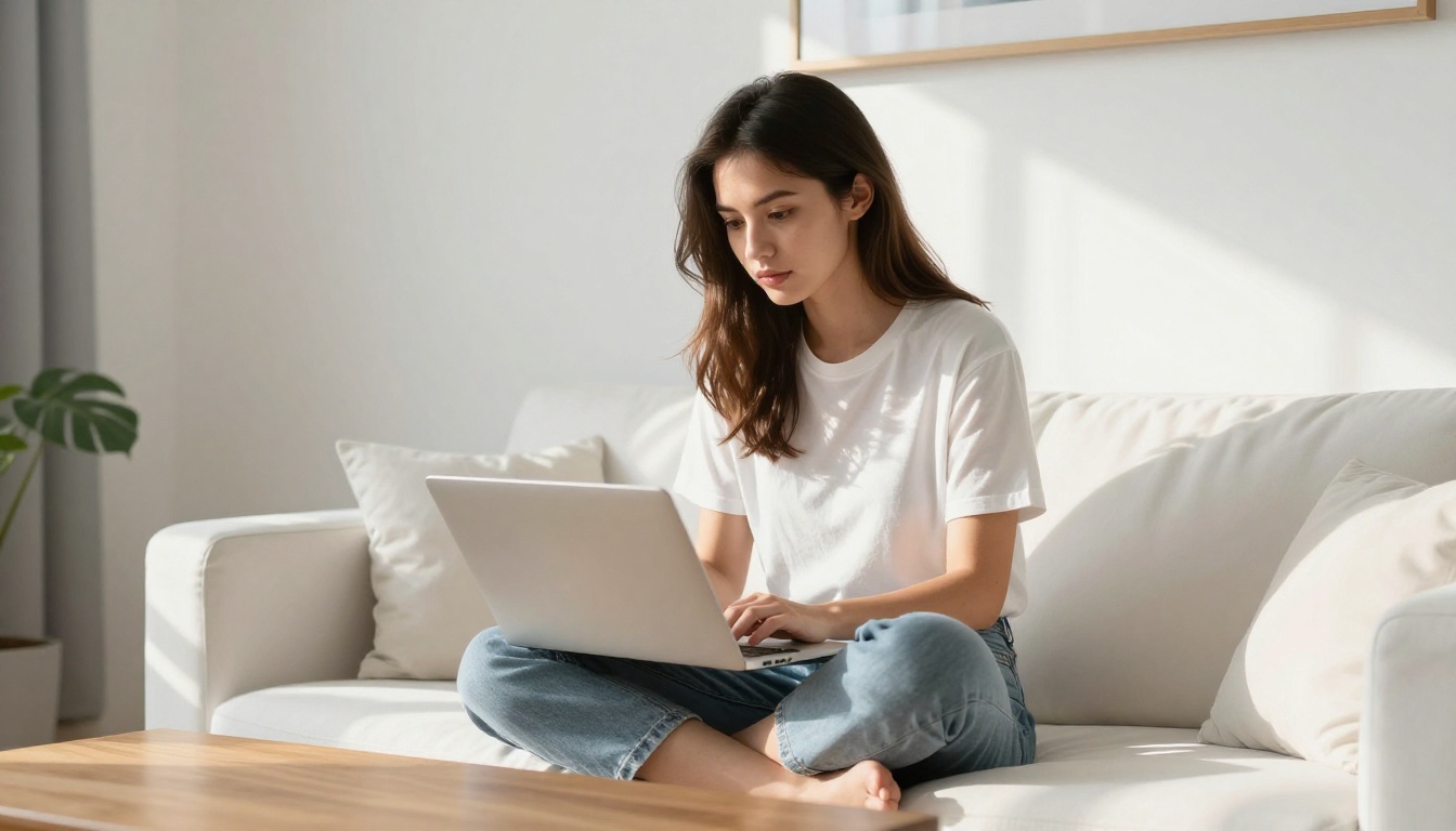 Young woman on minimalist sofa using laptop to create AI video content