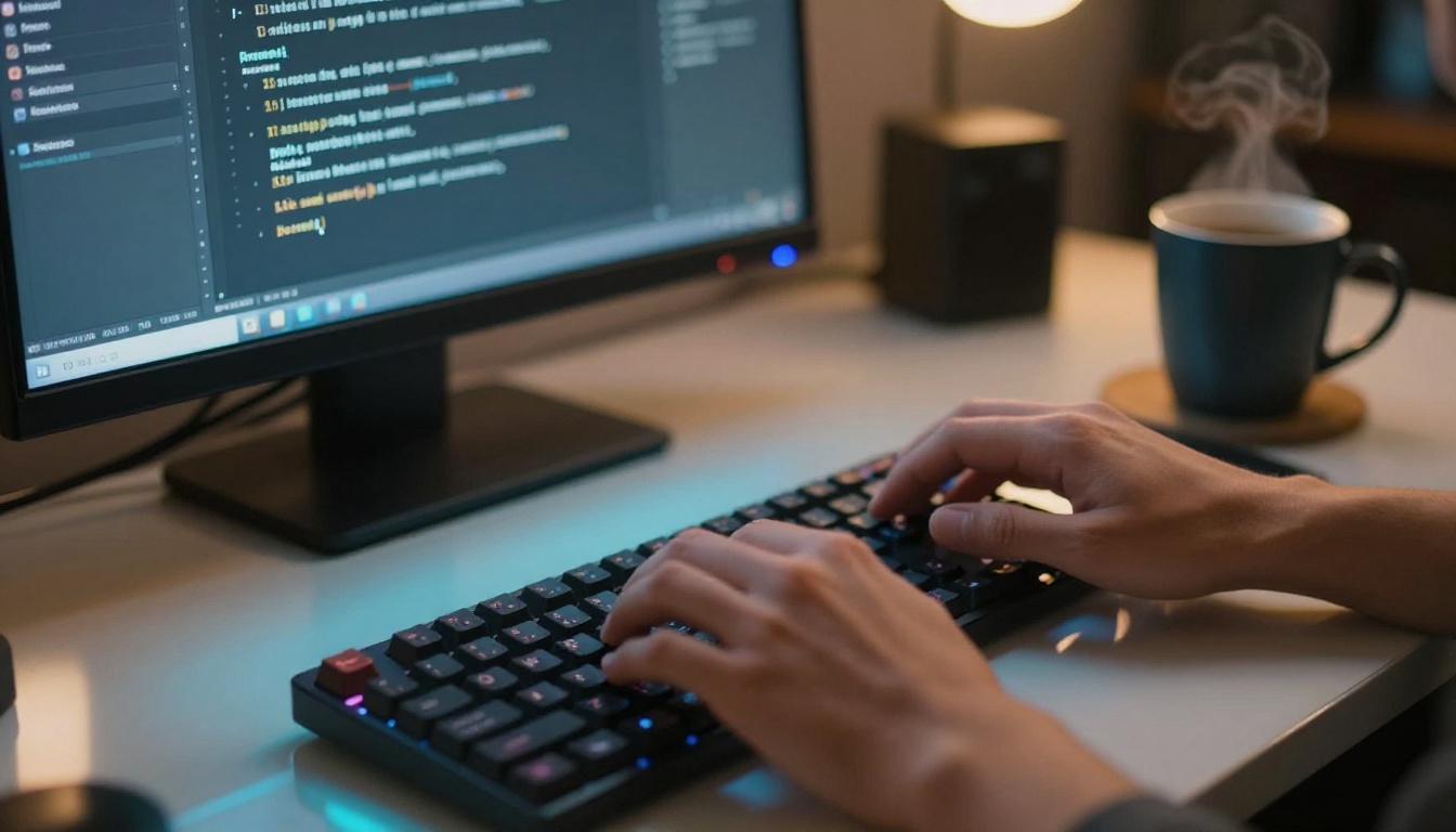 Close-up over-the-shoulder shot of hands typing a prompt into a dark-themed AI interface on a backlit keyboard, warm amber lamp on left, coffee mug in soft focus