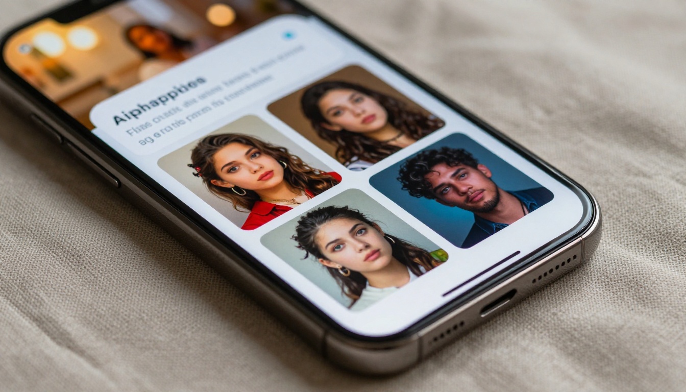 Smartphone screen macro shot showing AI image generation interface with generated portraits Smartphone screen macro shot showing AI image generation interface with generated portraits