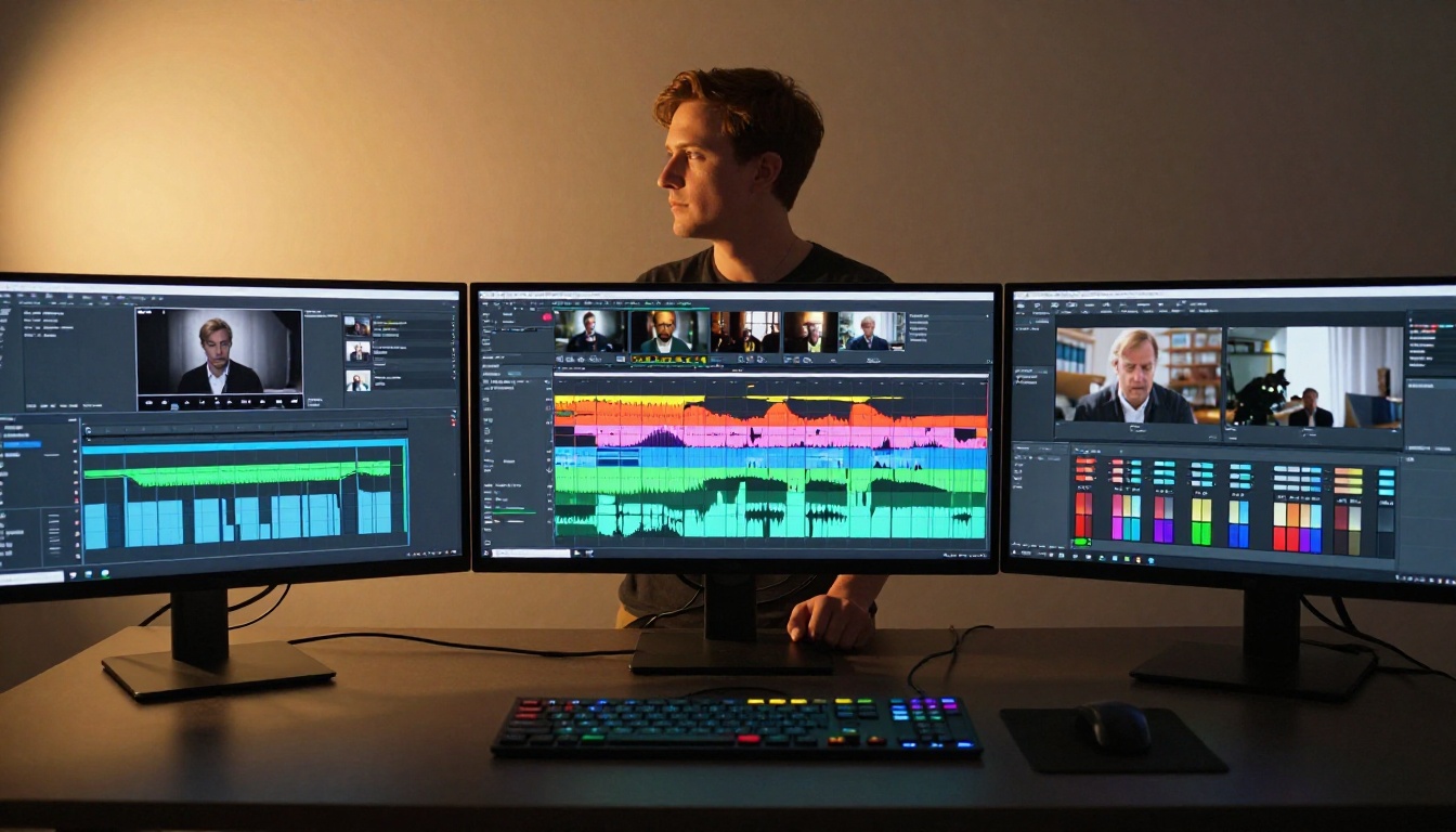 Professional video editor at a color grading workstation with three monitors arranged in an arc Professional video editor at a color grading workstation with three monitors arranged in an arc