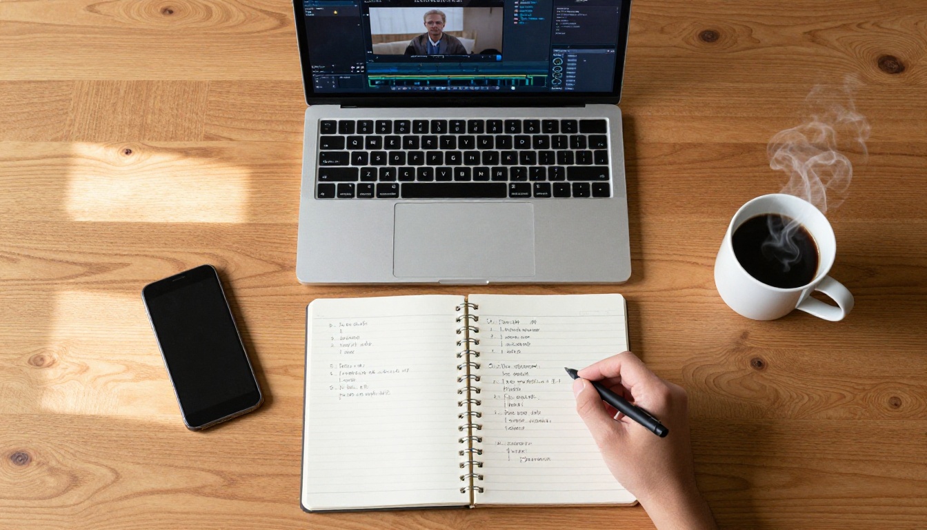 Creative desk flat lay with notebook, laptop, and coffee for AI video workflow