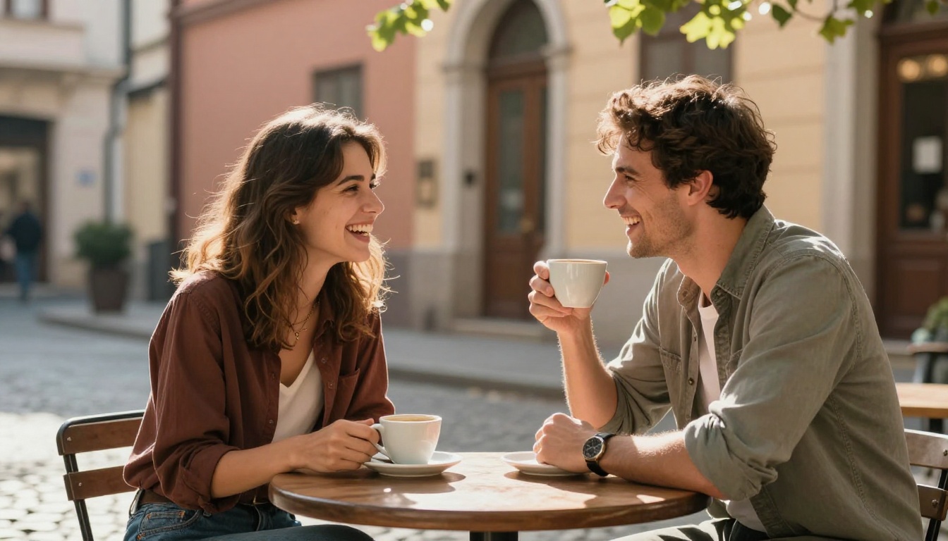 Two friends laughing at outdoor café representing natural candid AI-generated imagery