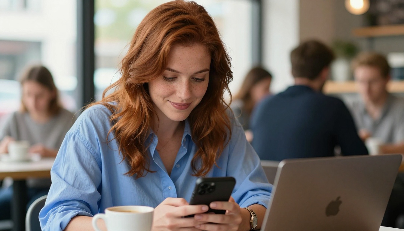 A woman with auburn hair smiling while browsing an AI video generation app on her smartphone at a cafe by a bright window A woman with auburn hair smiling while browsing an AI video generation app on her smartphone at a cafe by a bright window