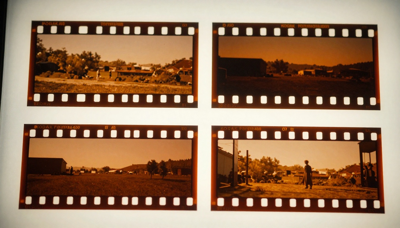 Two 35mm film strips side by side on a glowing light table, frames showing cinematic outdoor and indoor scenes, sprocket holes and acetate sheen visible