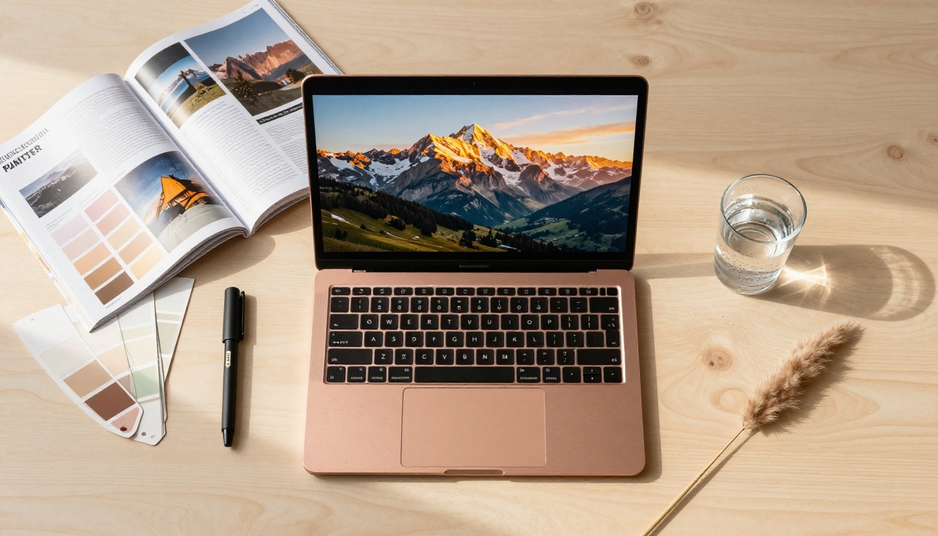 Overhead flat-lay of a creative desk: laptop showing an AI-generated Swiss Alps landscape, surrounded by photography magazines, color swatches, and a pen