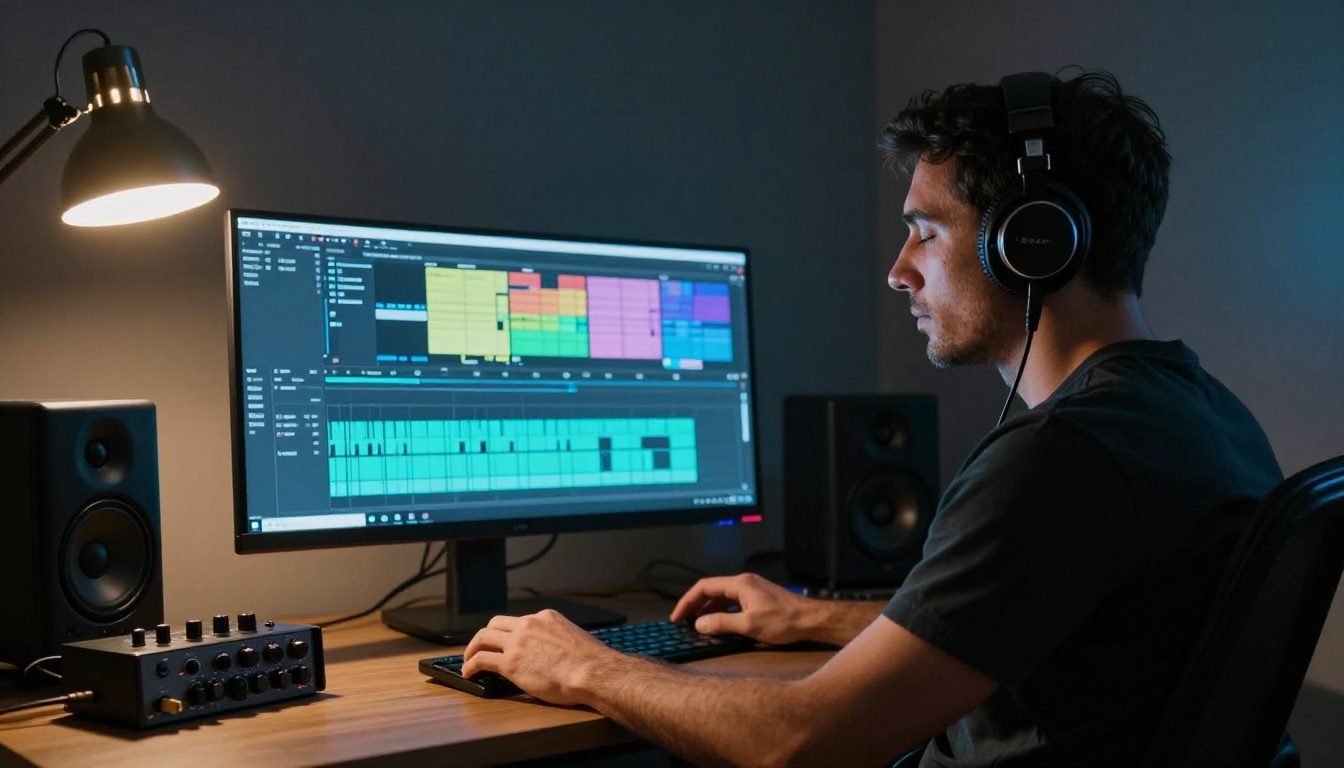 Professional video editor with headphones reviewing audio-synchronized AI video on a large monitor