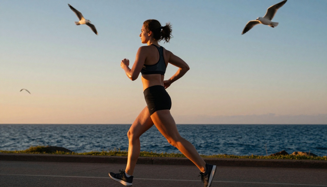 Woman jogging at sunrise along seaside representing active lifestyle imagery made with AI