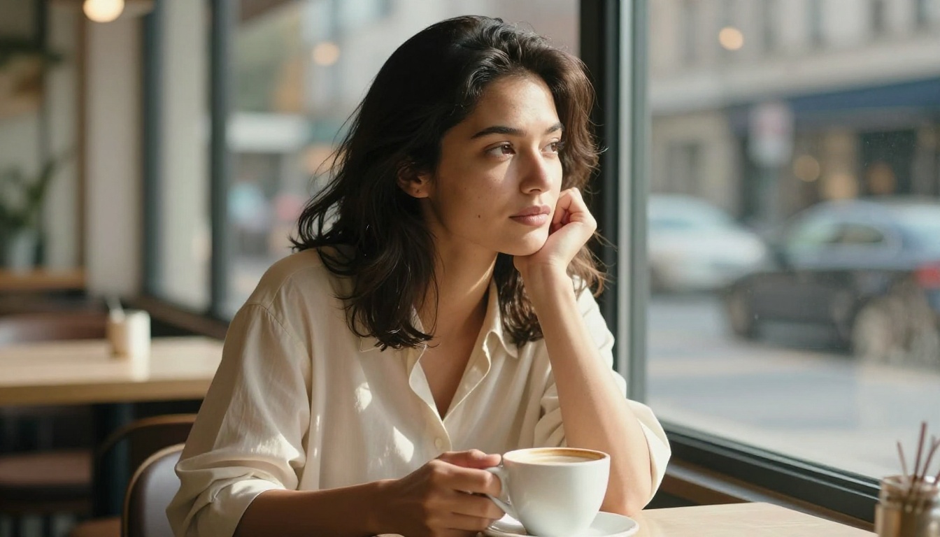 Woman at cafe with coffee thinking about creative workflow Woman at cafe with coffee thinking about creative workflow