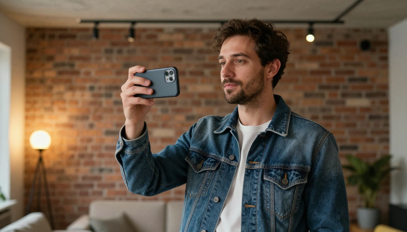 Man in loft apartment filming himself with smartphone for AI-assisted short video