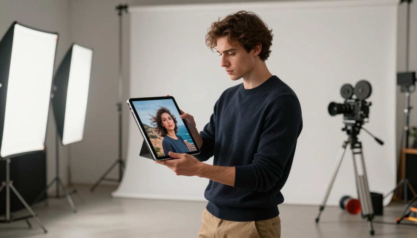 Young man in a photography studio reviewing AI-generated portrait photos on a large iPad Pro, diffused studio lighting