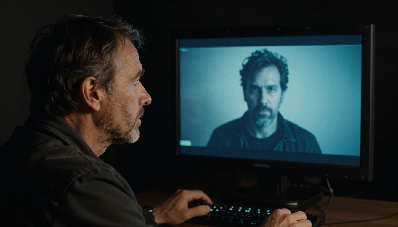 A senior cinematographer with gray stubble reviewing AI-generated footage on a cinema monitor in dramatic chiaroscuro studio lighting A senior cinematographer with gray stubble reviewing AI-generated footage on a cinema monitor in dramatic chiaroscuro studio lighting