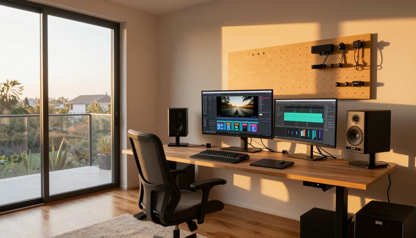 Wide shot of a modern creative studio with multiple screens showing AI video generation tools
