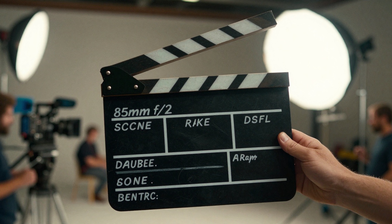 Professional film production clapperboard held mid-clap on a busy film set, crew silhouettes and softbox lights beautifully blurred in the background