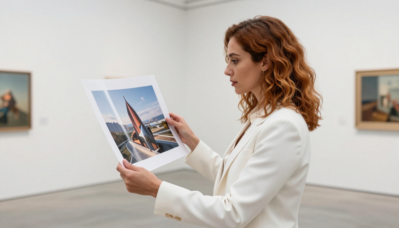 Woman reviewing AI images in gallery setting