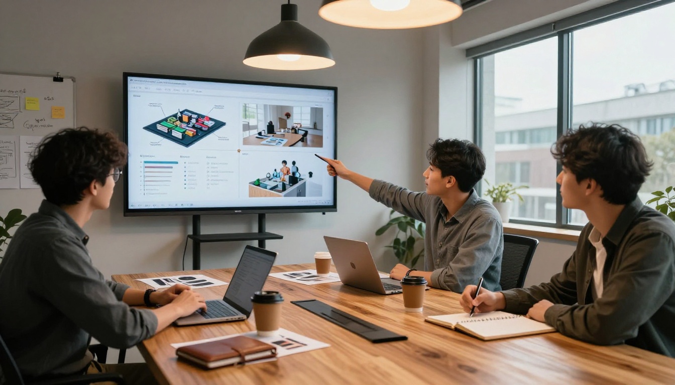 Creative team reviewing AI outputs together in meeting room Creative team reviewing AI outputs together in meeting room