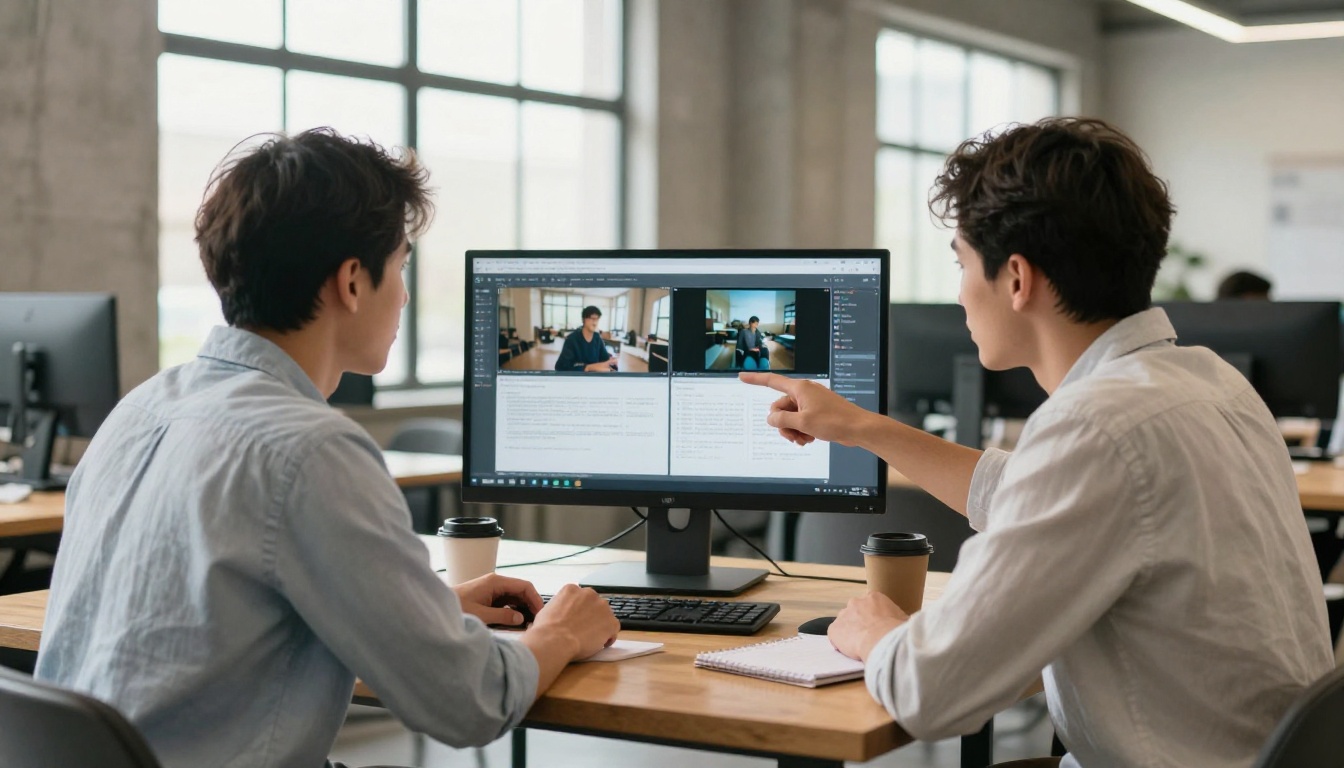 Two professionals discussing AI video generation results together on a monitor